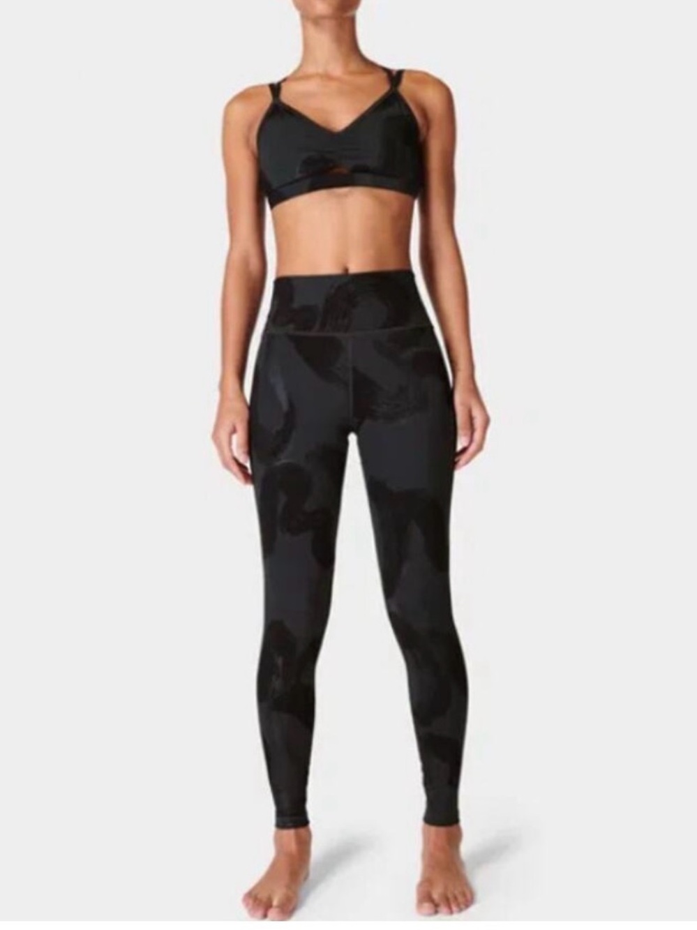 Sweaty Betty Goddess 7/8 Workout Leggings Black Paint Lines Foil Print Med NWT